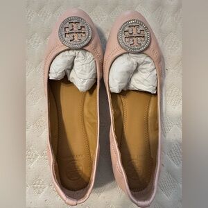 Tory Burch Pink Leather Logo Ballet Flats